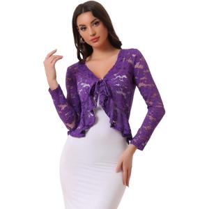 imageAllegra K Floral Lace Shrug for Womens Tie Front Top Ruffled Hem Office Sheer Crop Bolero CardiganViolet Purple