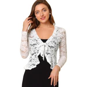 imageAllegra K Floral Lace Shrug for Womens Tie Front Top Ruffled Hem Office Sheer Crop Bolero CardiganWhite