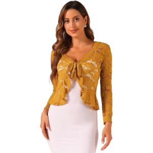 imageAllegra K Floral Lace Shrug for Womens Tie Front Top Ruffled Hem Office Sheer Crop Bolero CardiganYellow