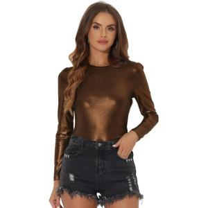 imageAllegra K Womens Halloween Long Sleeve Tops Sparkly Glitter Shiny Metallic TopsBrown Gold