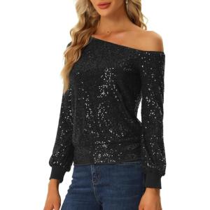 imageAllegra K Sparkly Sequin Top for Womens OffShoulder Long Sleeve Party TopsBlack