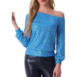 imageAllegra K Sparkly Sequin Top for Womens OffShoulder Long Sleeve Party TopsBlue