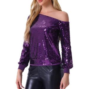 imageAllegra K Sparkly Sequin Top for Womens OffShoulder Long Sleeve Party TopsDark Purple