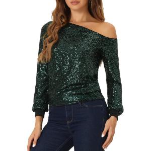 imageAllegra K Sparkly Sequin Top for Womens OffShoulder Long Sleeve Party TopsGreen