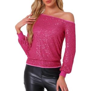 imageAllegra K Sparkly Sequin Top for Womens OffShoulder Long Sleeve Party TopsHot Pink