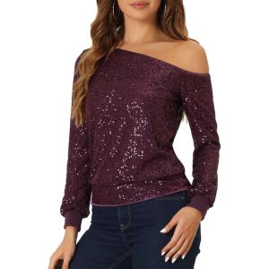 imageAllegra K Sparkly Sequin Top for Womens OffShoulder Long Sleeve Party TopsPurple