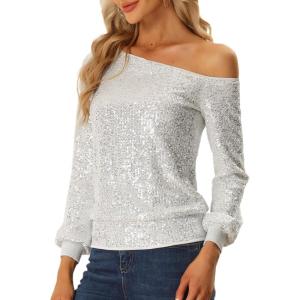 imageAllegra K Sparkly Sequin Top for Womens OffShoulder Long Sleeve Party TopsSilver