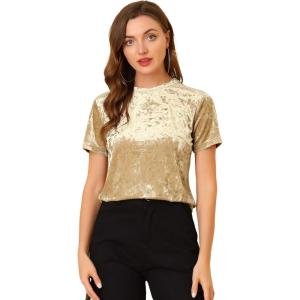 imageAllegra K Womens Christmas Velvet Top Crew Neck Short Sleeve Casual TShirtLight Beige