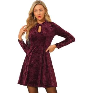 imageAllegra K Womens Keyhole Neck Dresses High Waist Long Sleeve Christmas Velvet Swing Mini DressBurgundy