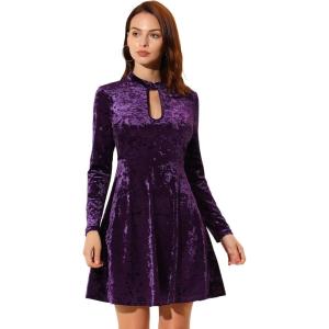 imageAllegra K Womens Keyhole Neck Dresses High Waist Long Sleeve Christmas Velvet Swing Mini DressPurple