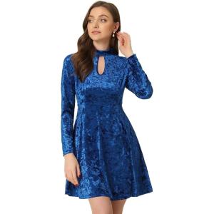 imageAllegra K Womens Keyhole Neck Dresses High Waist Long Sleeve Christmas Velvet Swing Mini DressRoyal Blue