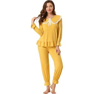imageAllegra K Womens Sleepwear Lounge Peter Pan Collar Long Sleeve Ruffle Pajama Set
