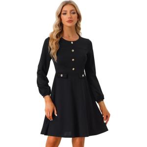 imageAllegra K Work Office Dress for Womens Button Decor ALine Long Sleeve DressBlack