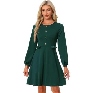 imageAllegra K Work Office Dress for Womens Button Decor ALine Long Sleeve DressGreen