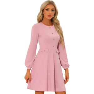 imageAllegra K Work Office Dress for Womens Button Decor ALine Long Sleeve DressPink