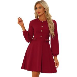 imageAllegra K Work Office Dress for Womens Button Decor ALine Long Sleeve DressRed