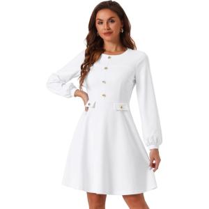 imageAllegra K Work Office Dress for Womens Button Decor ALine Long Sleeve DressWhite