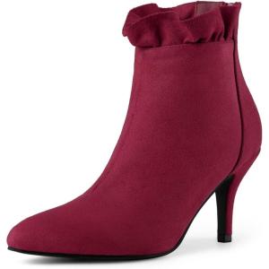 imageAllegra K Womens Pointed Toe Stiletto Heel Ruffle Ankle BootsBurgundy