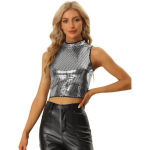 imageAllegra K Metallic Crop Top for Womens Sleeveless Sparkly Sequin TopsDark Silver