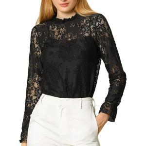 imageAllegra K Womens Elegant See Through Top Ruffle Frill Neck Long Sleeve Floral Lace BlouseBlack