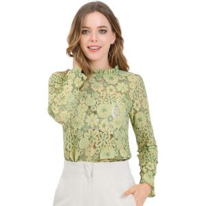 imageAllegra K Womens Elegant See Through Top Ruffle Frill Neck Long Sleeve Floral Lace BlouseGreen