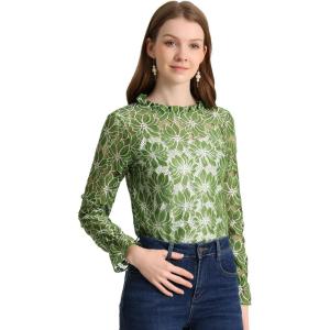imageAllegra K Womens Elegant See Through Top Ruffle Frill Neck Long Sleeve Floral Lace BlouseGreen1