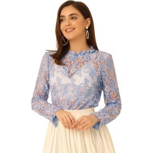 imageAllegra K Womens Elegant See Through Top Ruffle Frill Neck Long Sleeve Floral Lace BlouseGrey Blues