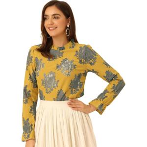 imageAllegra K Womens Elegant See Through Top Ruffle Frill Neck Long Sleeve Floral Lace BlouseGrey Yellow