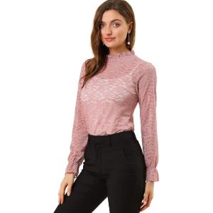 imageAllegra K Womens Elegant See Through Top Ruffle Frill Neck Long Sleeve Floral Lace BlousePink