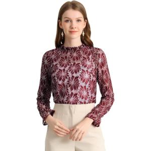 imageAllegra K Womens Elegant See Through Top Ruffle Frill Neck Long Sleeve Floral Lace BlouseRed