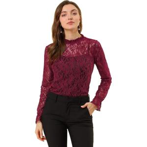 imageAllegra K Womens Elegant See Through Top Ruffle Frill Neck Long Sleeve Floral Lace BlouseWine
