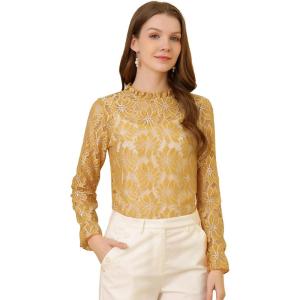 imageAllegra K Womens Elegant See Through Top Ruffle Frill Neck Long Sleeve Floral Lace BlouseYellow1