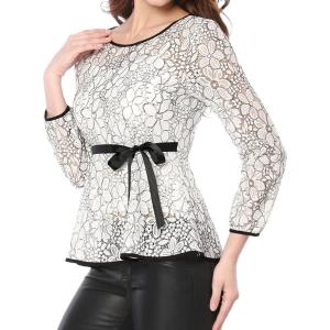 imageAllegra K Womens Elegant Tie Waist Long Sleeve Top Lace Peplum BlousesWhite