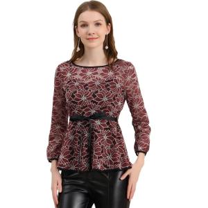 imageAllegra K Womens Elegant Tie Waist Long Sleeve Top Lace Peplum BlousesWine
