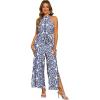 imageAllegra K Casual Sleeveless Jumpsuit for Womens Boho Pattern Tie Halter Neck Beach Slit Wide Leg PantsBlue