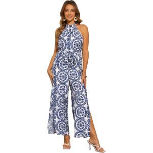 imageAllegra K Casual Sleeveless Jumpsuit for Womens Boho Pattern Tie Halter Neck Beach Slit Wide Leg PantsBlue