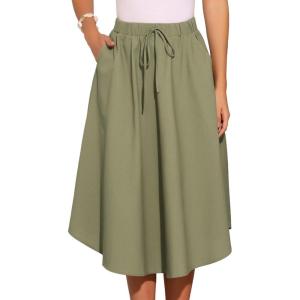 imageAllegra K Cotton Linen Casual Skirt for Womens High Elastic Waist ALine Midi Skirts with PocketsArmy Green