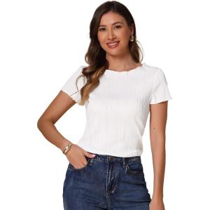 imageAllegra K Summer Textured Top for Womens Crew Neck Knit Short Sleeve BlouseWhite