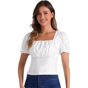 imageAllegra K Tops for Womens Square Neck Ruffle Short Sleeve Summer Casual T ShirtsWhite