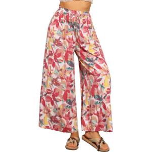 imageAllegra K Tropical Pants for Womens Boho Elastic Waisted Flare Palazzo Wide Leg PantsWhite Red