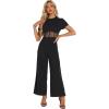imageAllegra K One Piece Outfits for Womens Casual Crewneck Mesh Sheer Wide Leg JumpsuitBlack
