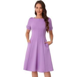 imageAllegra K ALine Work Dress for Womens Square Neck Ruched Short Sleeve DressesLavender