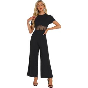 imageAllegra K One Piece Outfits for Womens Casual Crewneck Mesh Sheer Wide Leg JumpsuitBlack