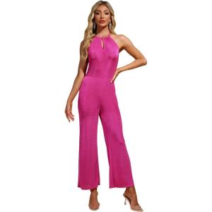 imageAllegra K Party Jumpsuit for Womens Halter Neck Sleeveless High Waist Wide Legs RompersHot Pink