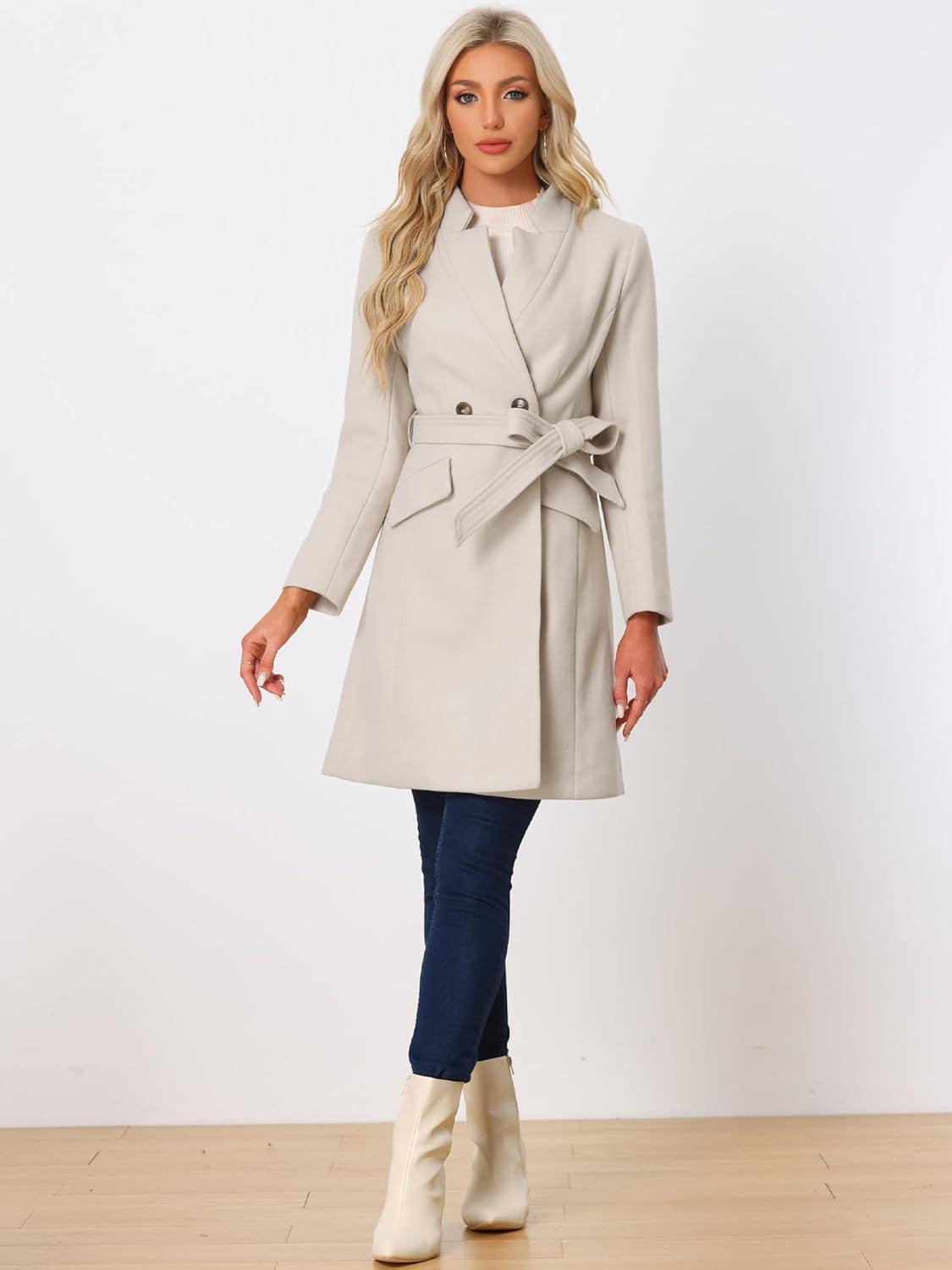 imageAllegra K Winter Belted Coat for Womens Stand Collar Buttoned Outwear MidLong Work OvercoatBeige
