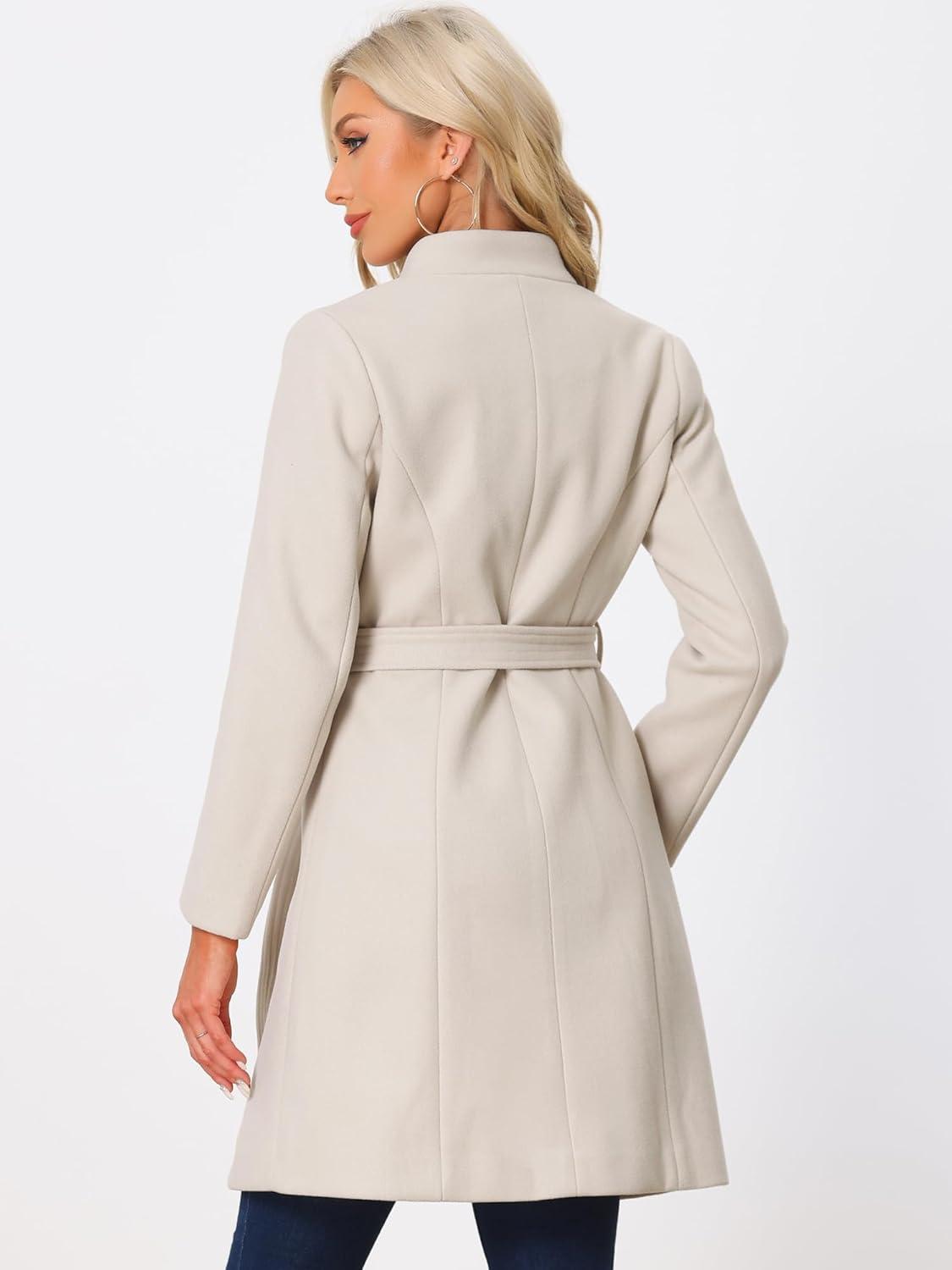 imageAllegra K Winter Belted Coat for Womens Stand Collar Buttoned Outwear MidLong Work OvercoatBeige