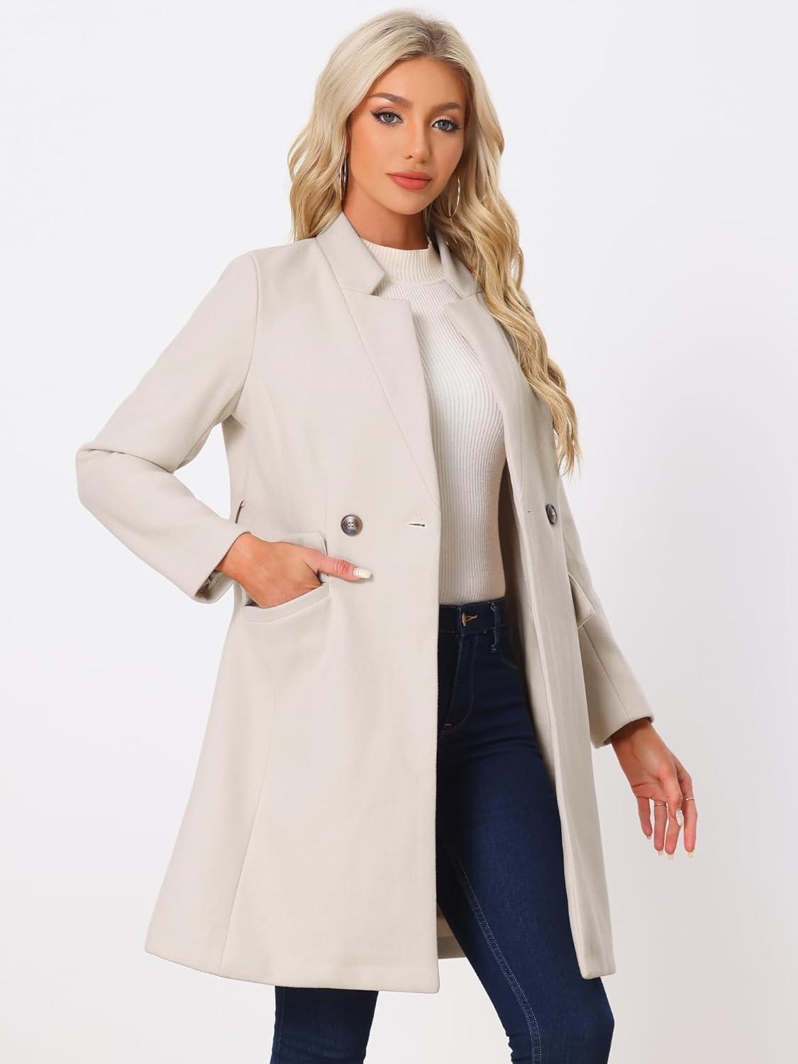 imageAllegra K Winter Belted Coat for Womens Stand Collar Buttoned Outwear MidLong Work OvercoatBeige