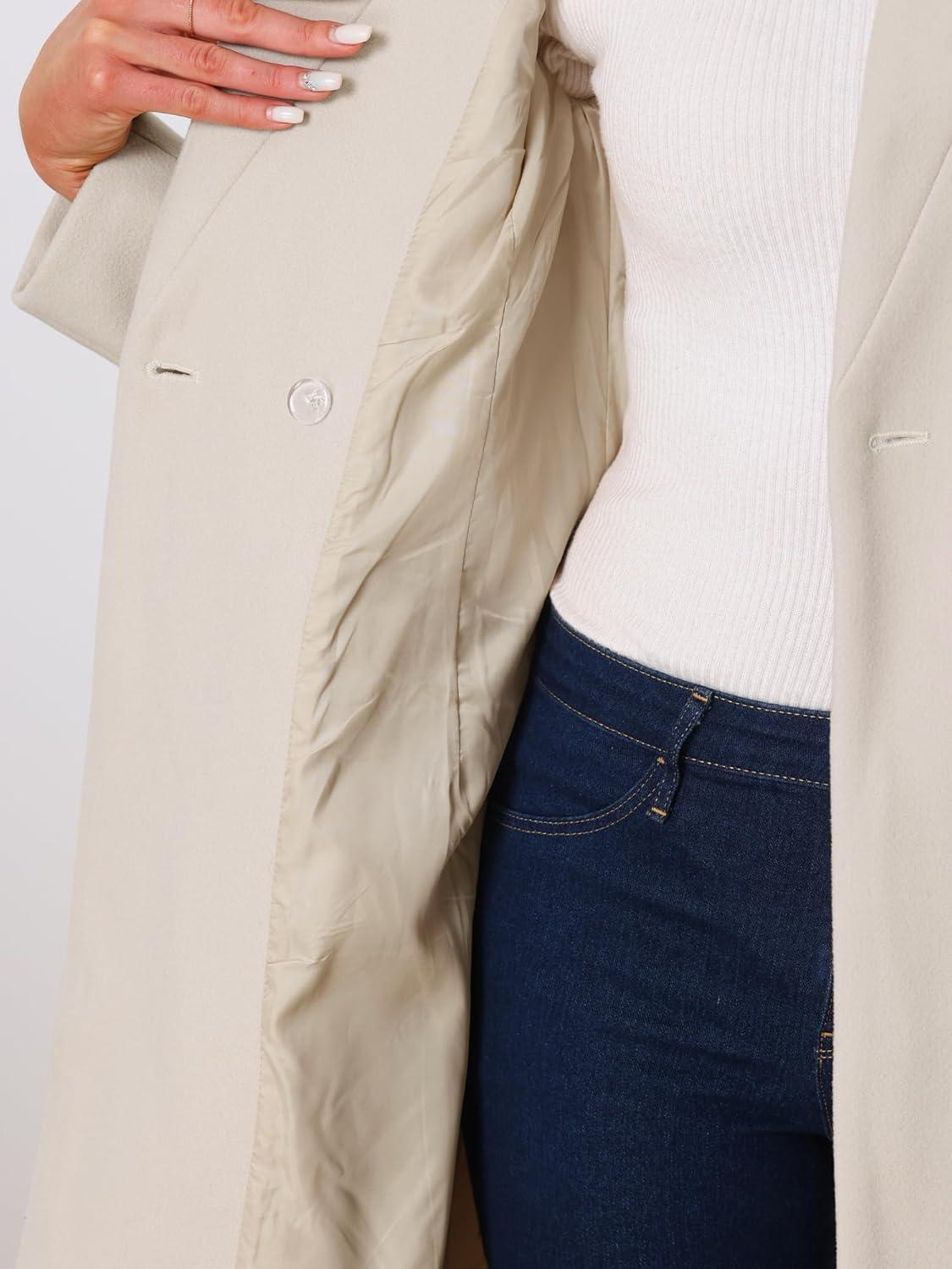 imageAllegra K Winter Belted Coat for Womens Stand Collar Buttoned Outwear MidLong Work OvercoatBeige