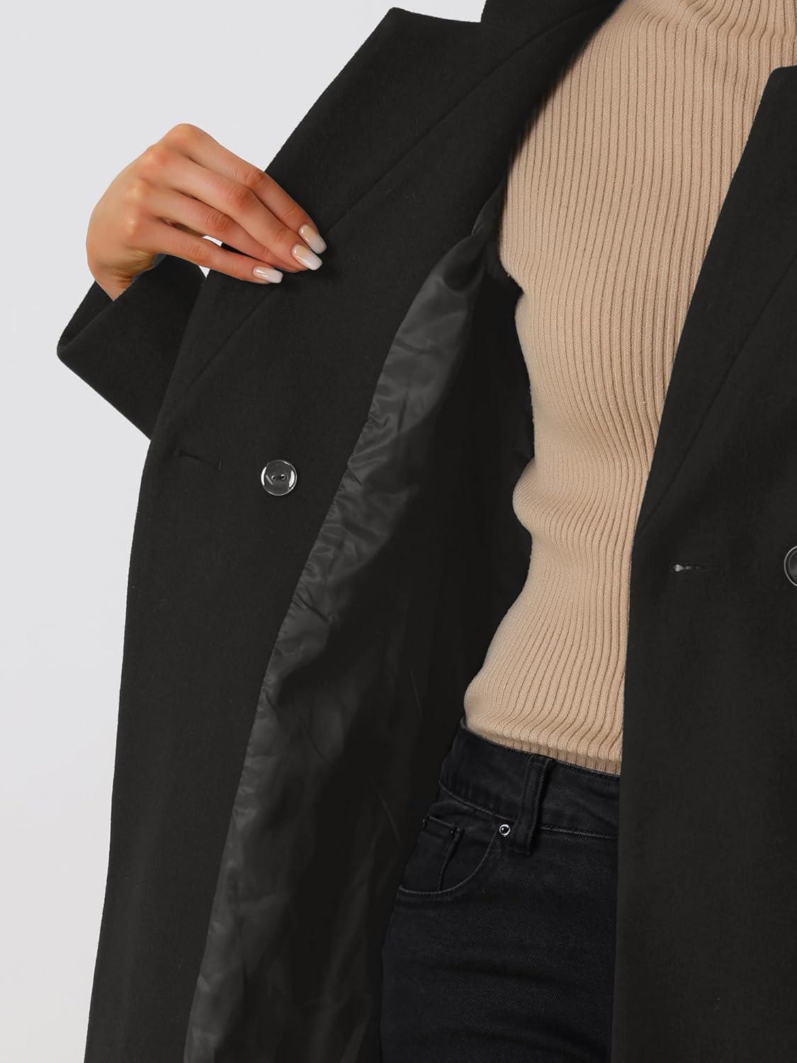 imageAllegra K Winter Belted Coat for Womens Stand Collar Buttoned Outwear MidLong Work OvercoatBlack