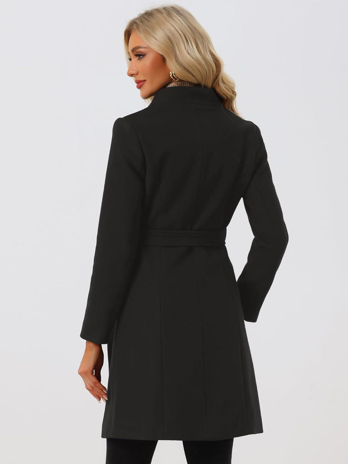 imageAllegra K Winter Belted Coat for Womens Stand Collar Buttoned Outwear MidLong Work OvercoatBlack